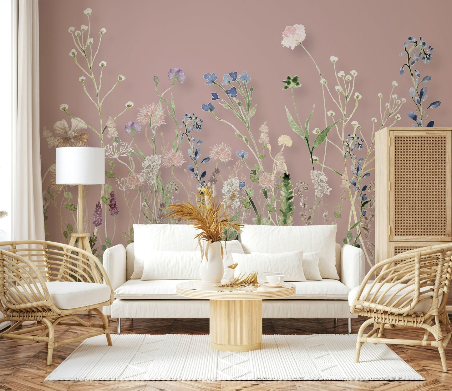 Peaceful office space using Blush Meadow Blooms Wall Mural design.