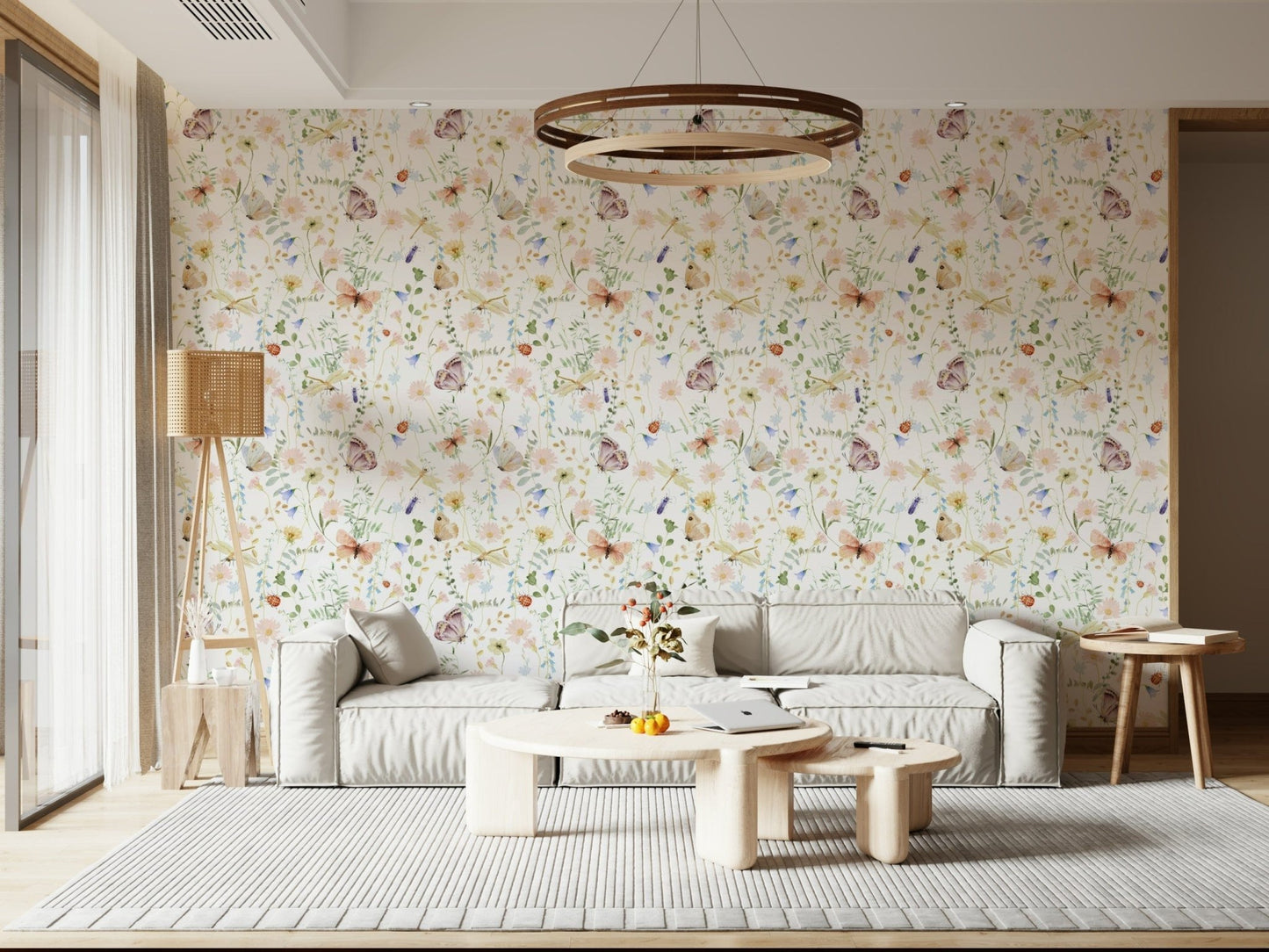 Blush Meadow's Whisper Wallpaper in a contemporary dining space with gold accents.