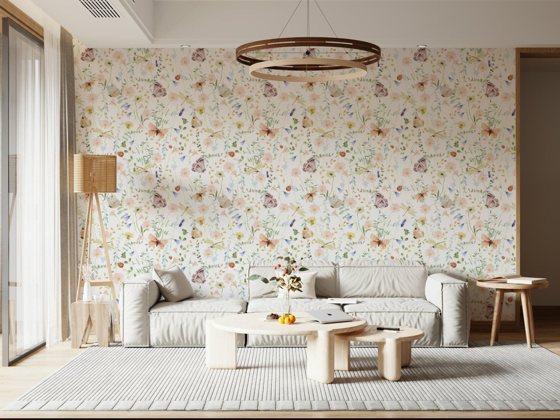 Blush Meadow's Whisper Wallpaper in a contemporary dining space with gold accents.