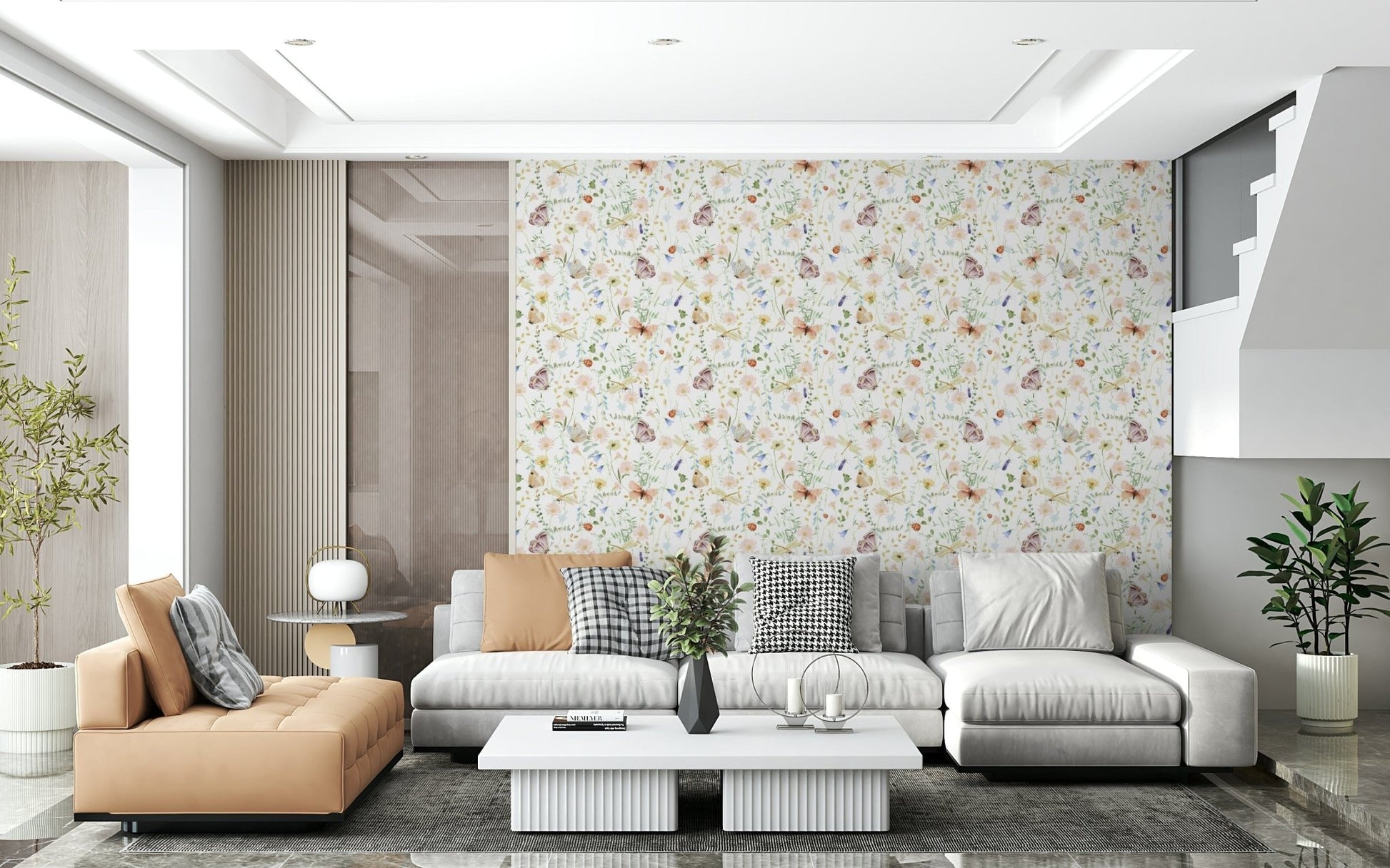 Subtle wildflower pattern wallpaper for a calm meditation or yoga room.