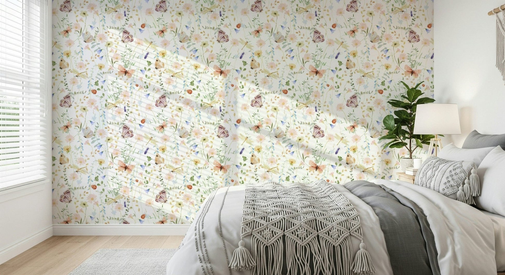 Delicate botanical wall mural in a minimalist home office setting.