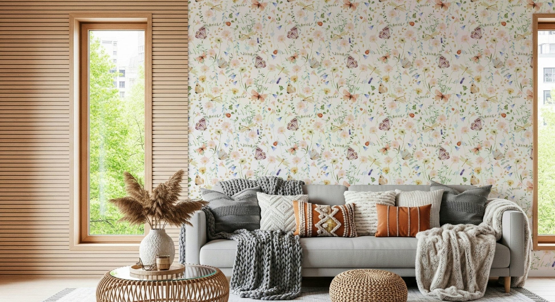 Floral meadow wallpaper used as a backdrop in a chic dressing room.
