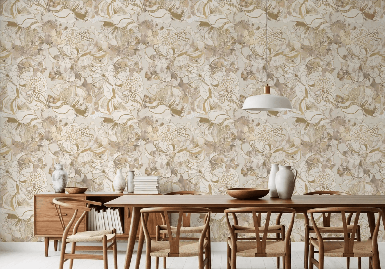 Dining room with Blush Neutral Peony wallpaper and calm botanical surface