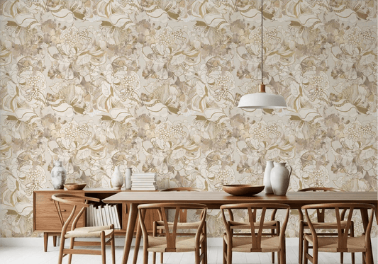 Dining room with Blush Neutral Peony wallpaper and calm botanical surface