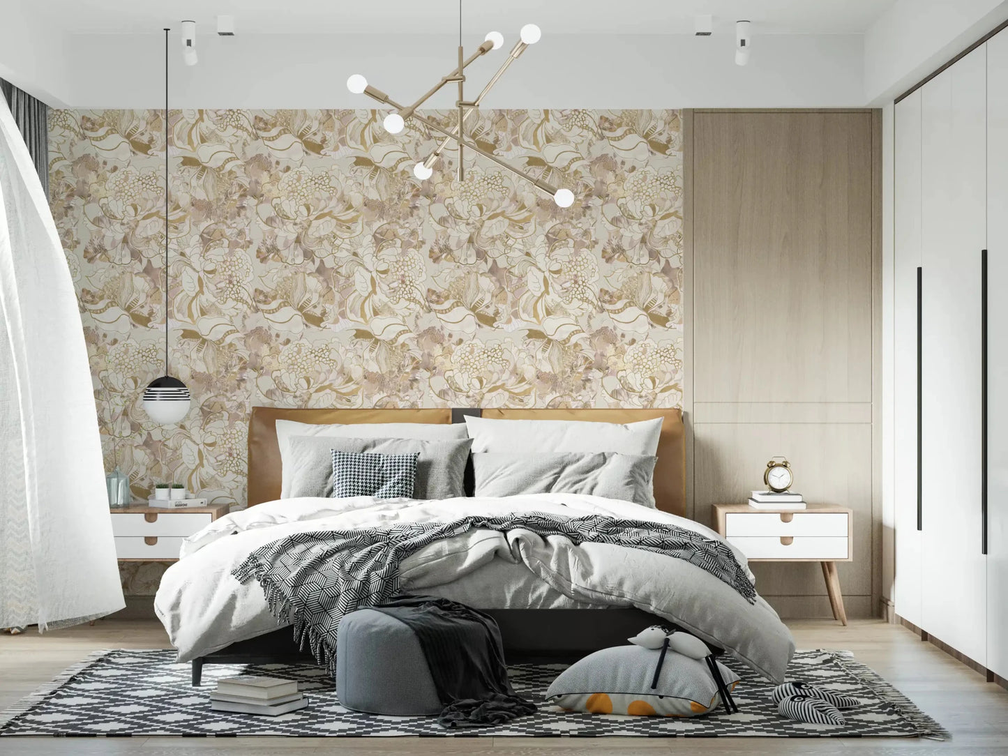 Bedroom styled in Blush Neutral Peony wallpaper with light bloom pattern