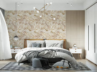 Bedroom styled in Blush Neutral Peony wallpaper with light bloom pattern