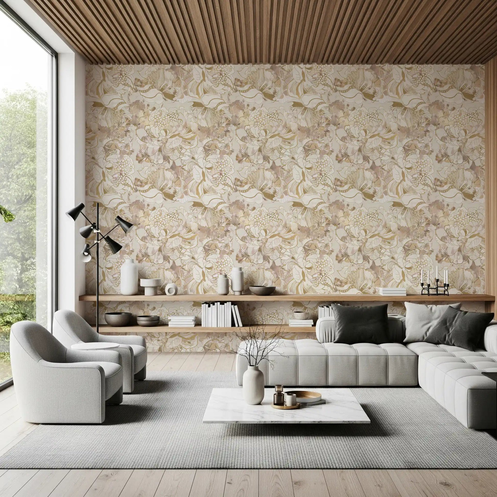 Living room with Blush Neutral Peony wallpaper and soft beige floral detail