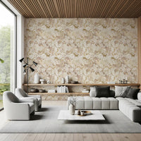 Living room with Blush Neutral Peony wallpaper and soft beige floral detail