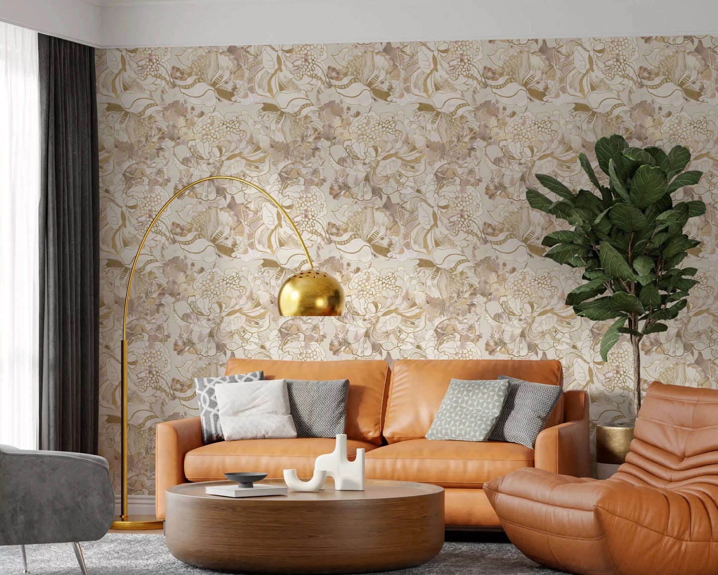 Soft Blush Neutral Peony wallpaper with layered petals and muted leaves