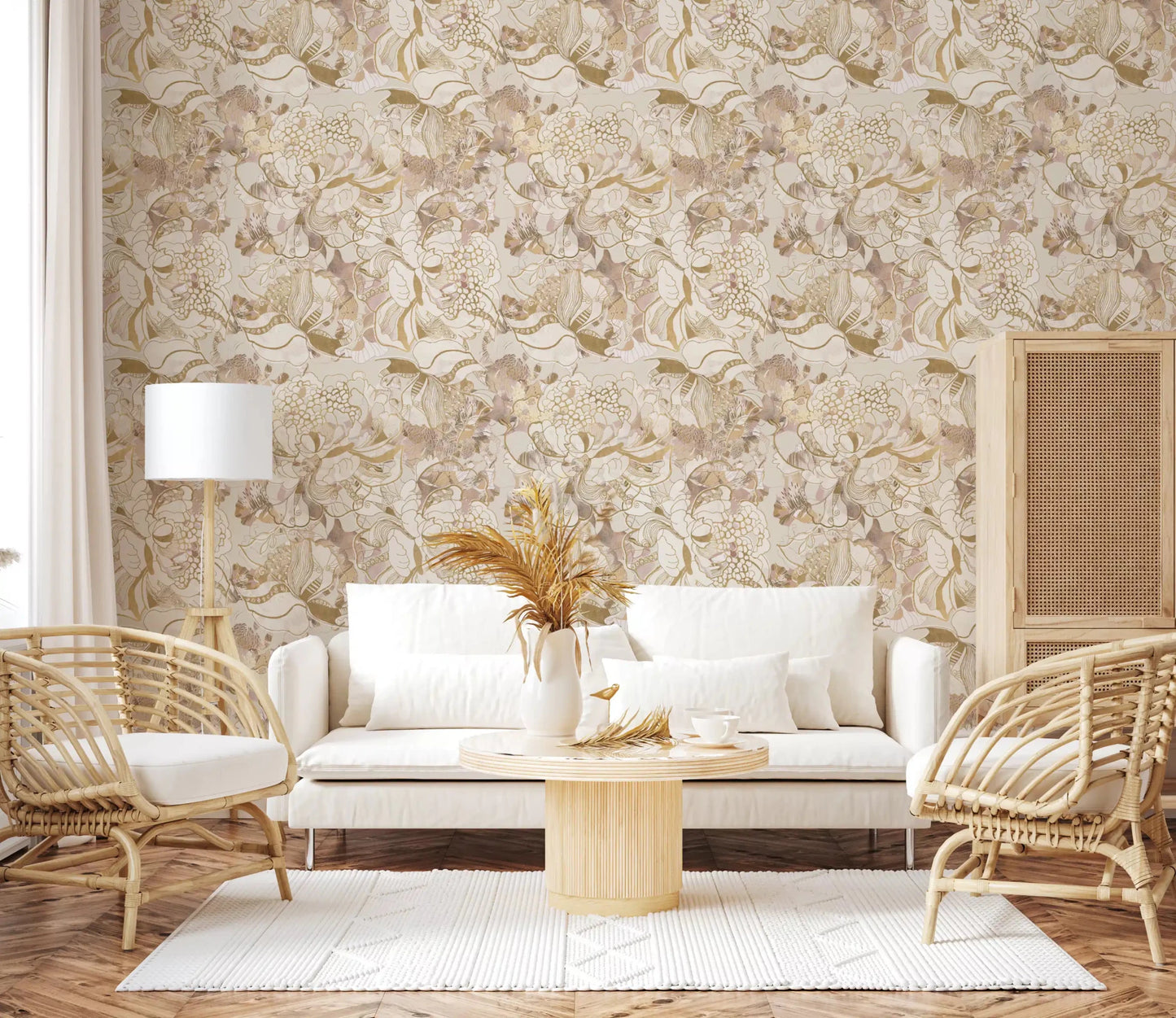 Warm beige Blush Neutral Peony wallpaper with subtle garden detail