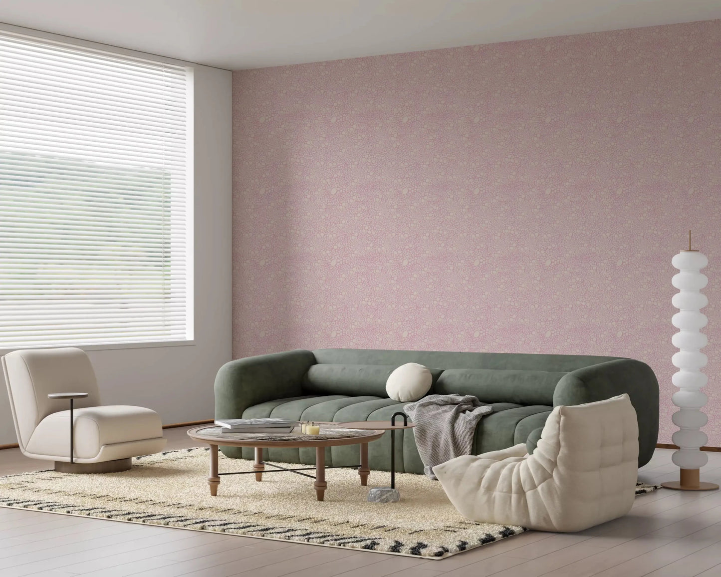 Small dots and oval shapes vary in size on the blush pebble wallpaper
⁠GD9503