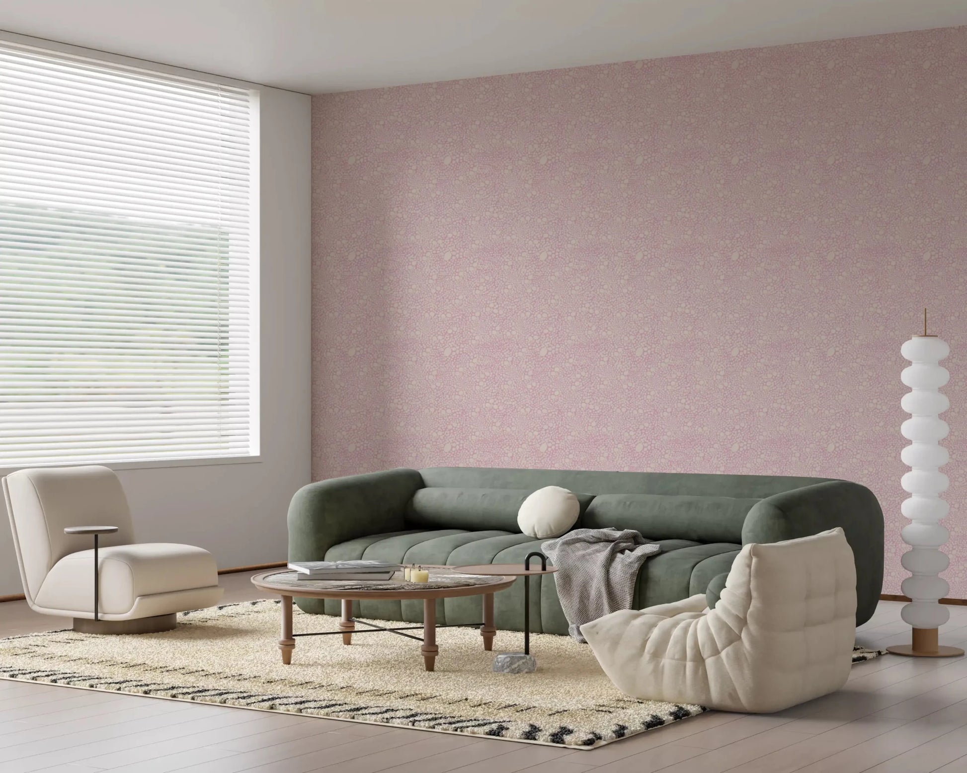 Small dots and oval shapes vary in size on the blush pebble wallpaper
⁠GD9503