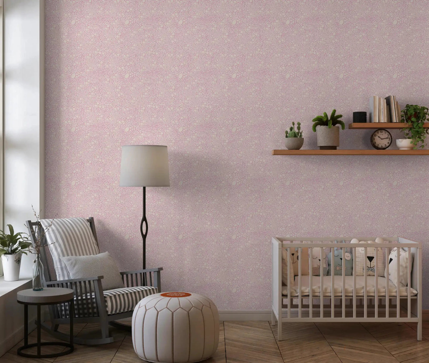 Nursery wears the pastel pink pebble wallpaper edge to edge
GD9503