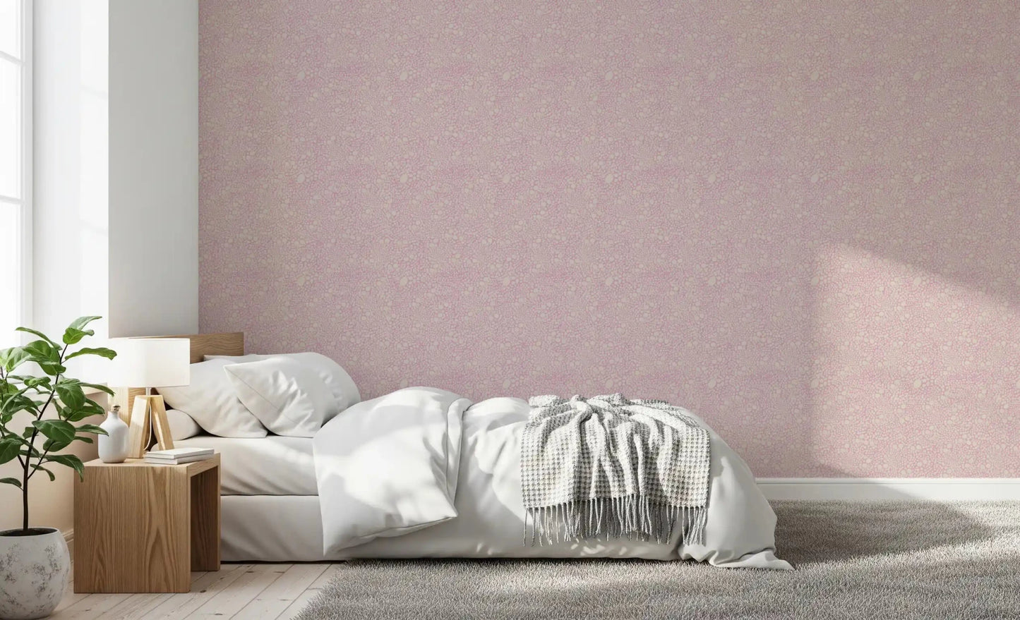 Bedroom covered with the Blush Pebble Bloom wallpaper top down
GD9503