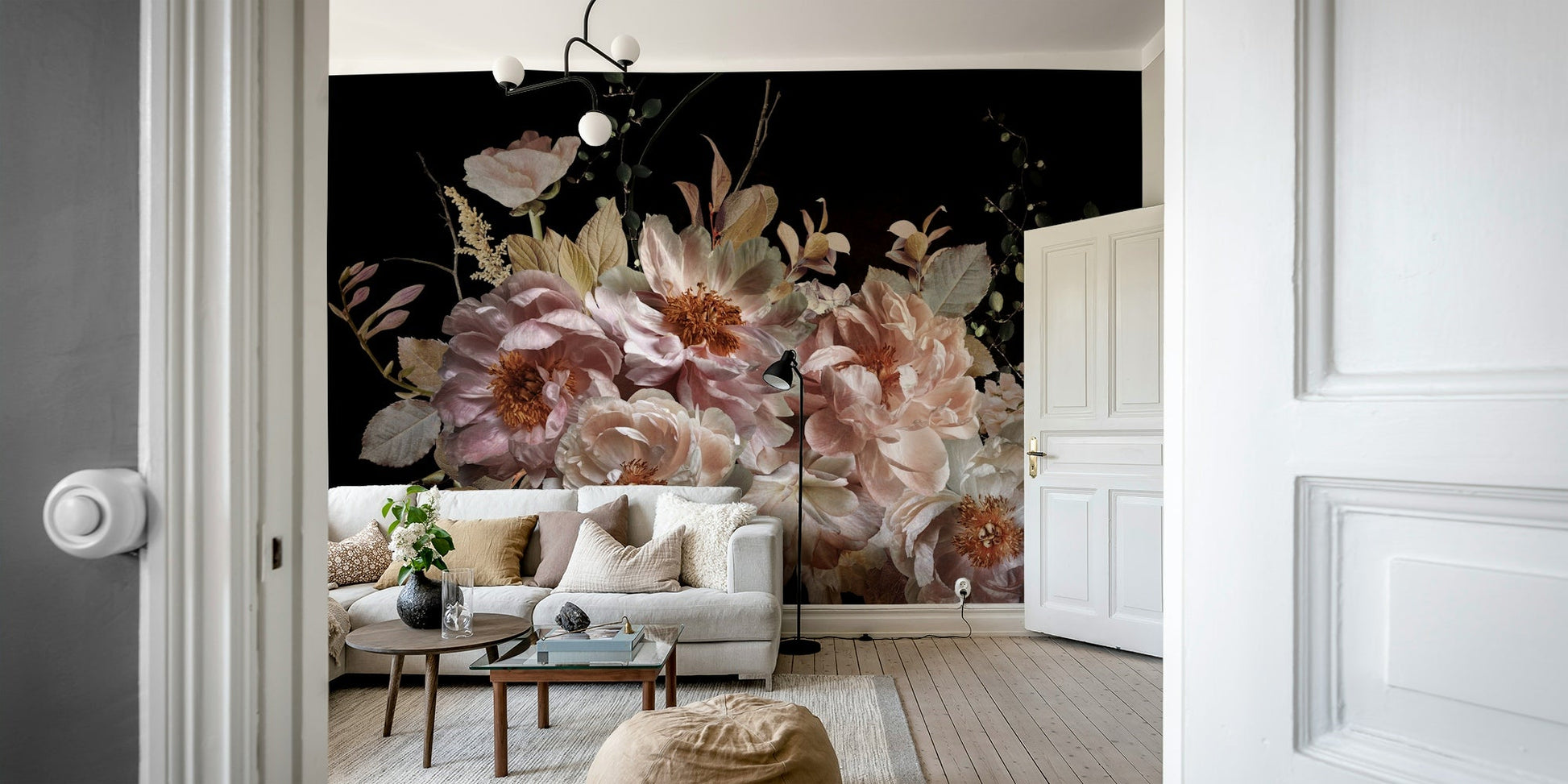 A beautiful dark floral wallpaper mural with blush peonies.

