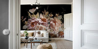 A beautiful dark floral wallpaper mural with blush peonies.

