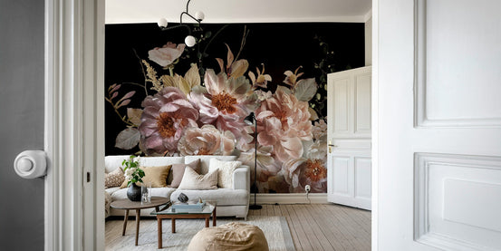 A beautiful dark floral wallpaper mural with blush peonies., GD4598