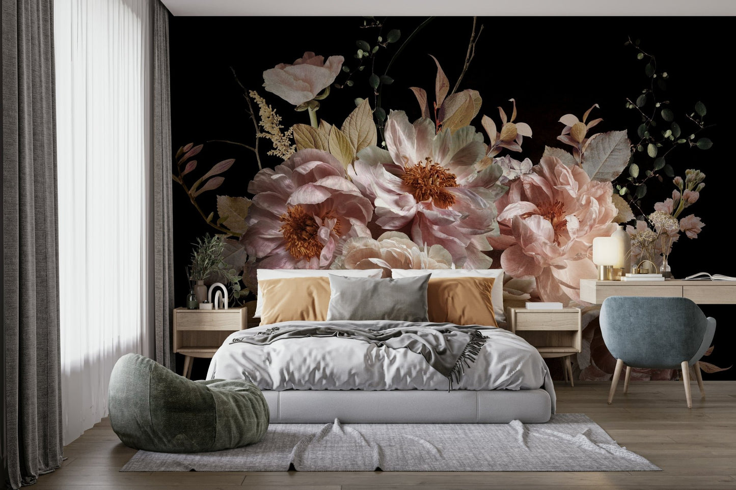 A romantic garden mural on decorative wallpaper.

