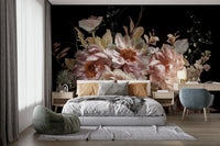 A romantic garden mural on decorative wallpaper.


