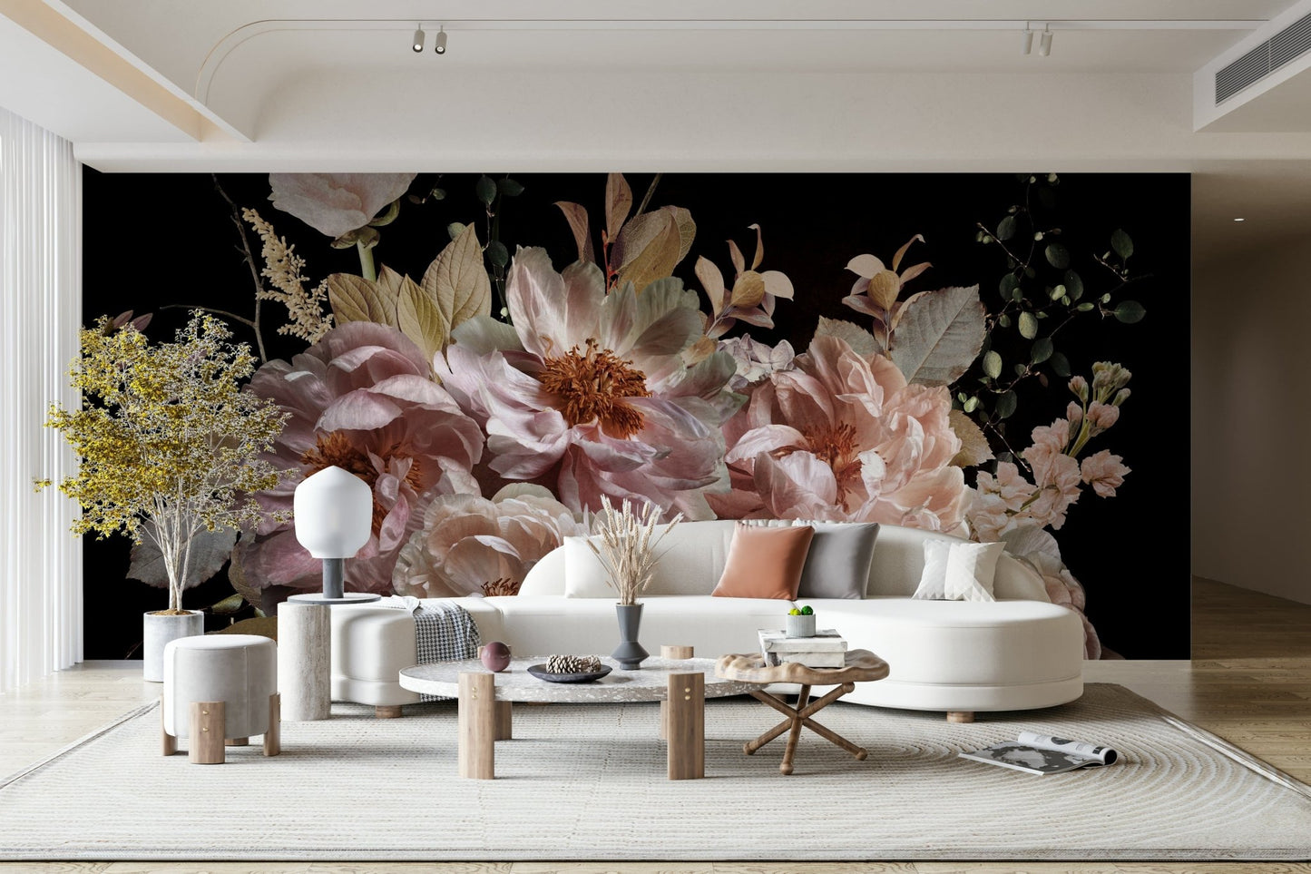 A moody noir garden mural for stylish wallpaper.

