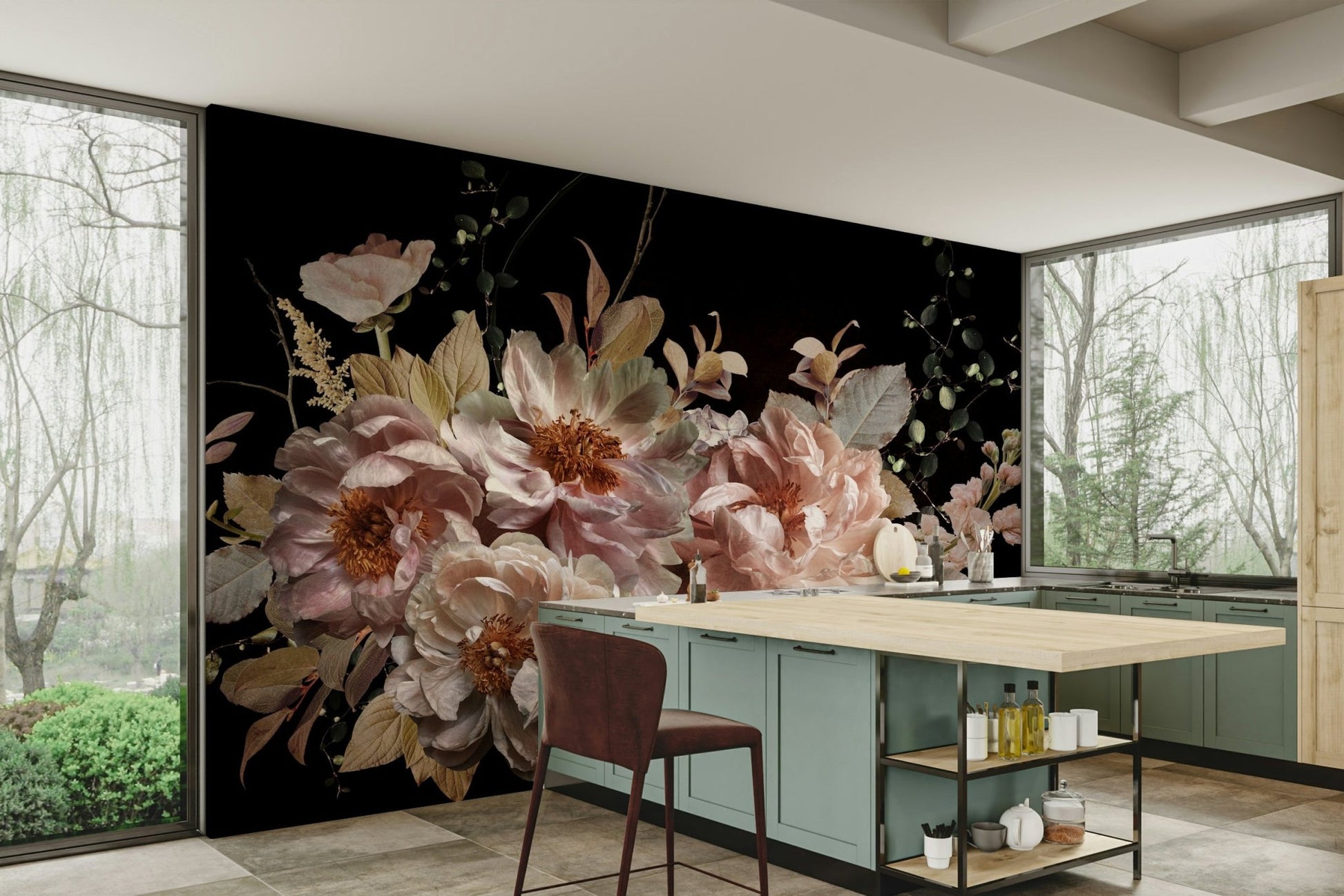 A sophisticated dark floral wallpaper mural for a feature wall.

