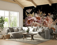 A graceful flower wall mural in rich, dark tones.

