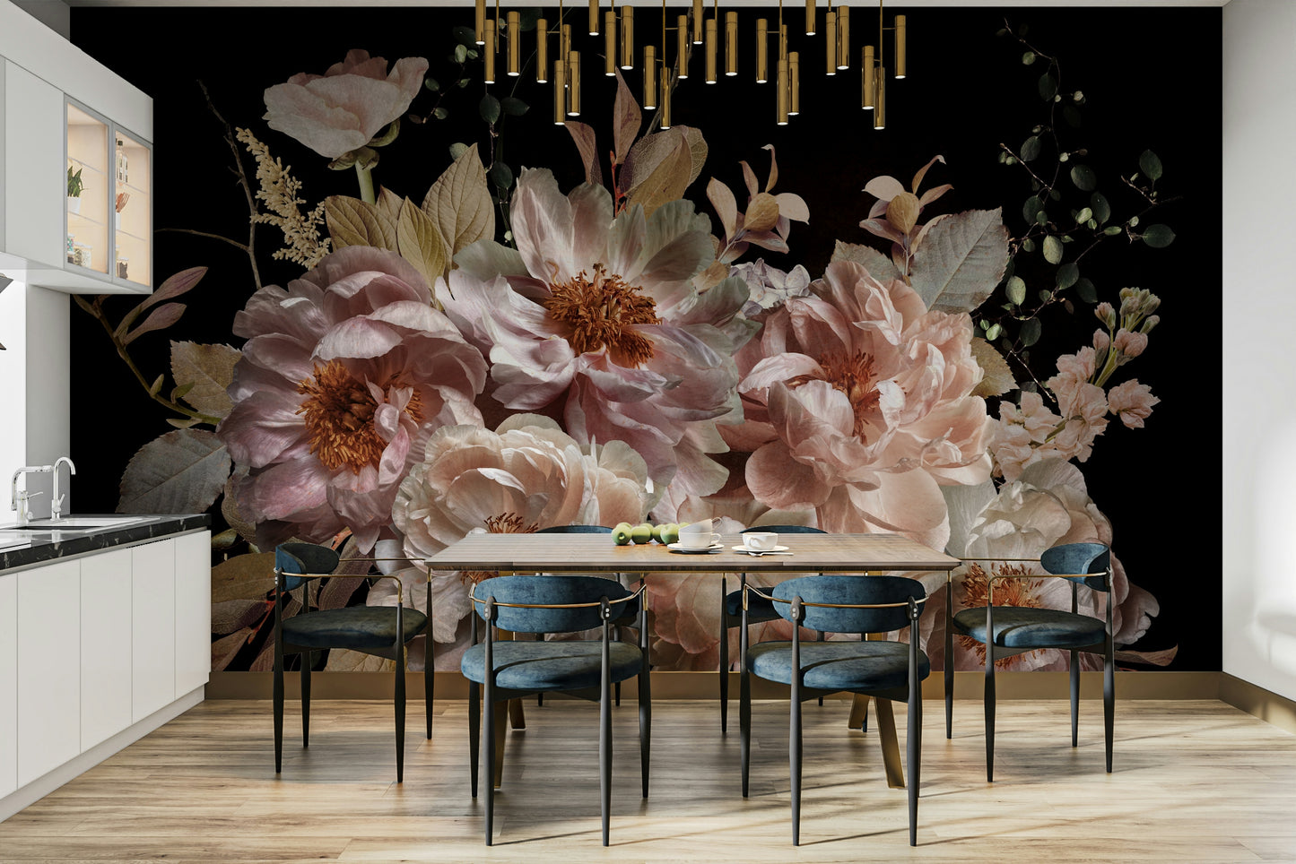 A classic dark floral wallpaper for walls with subtle color.

