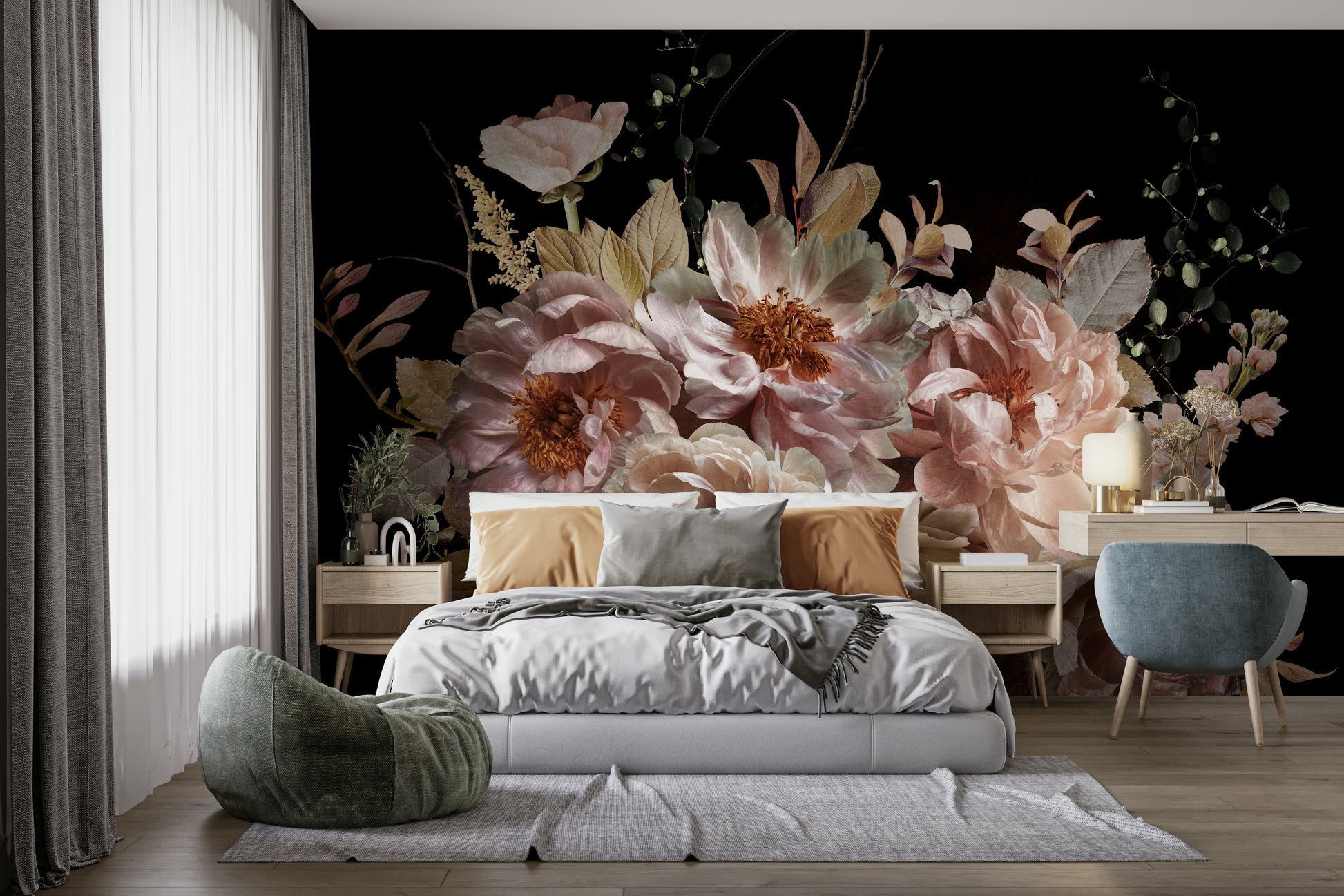 A romantic garden mural on decorative wallpaper.

