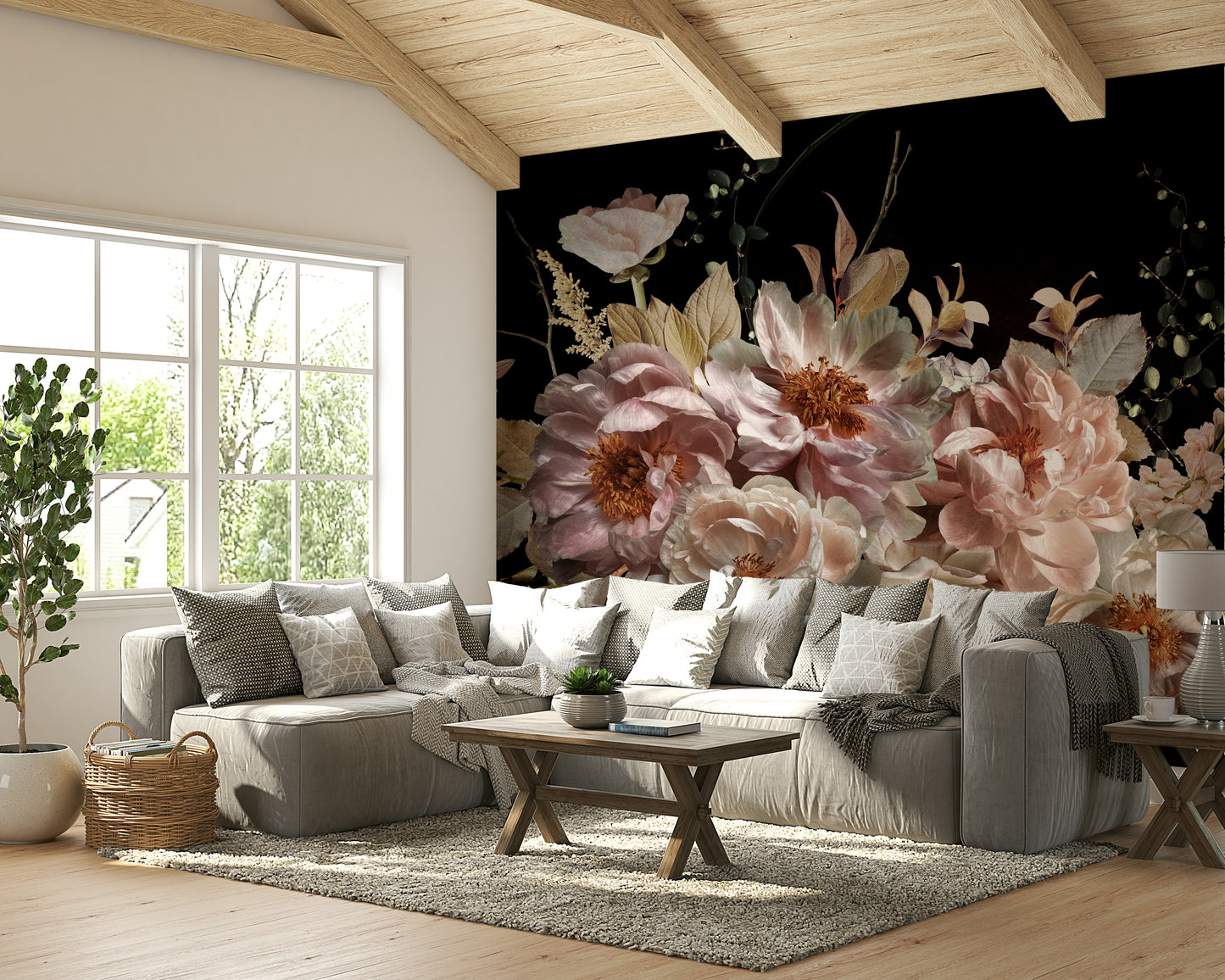A graceful flower wall mural in rich, dark tones.


