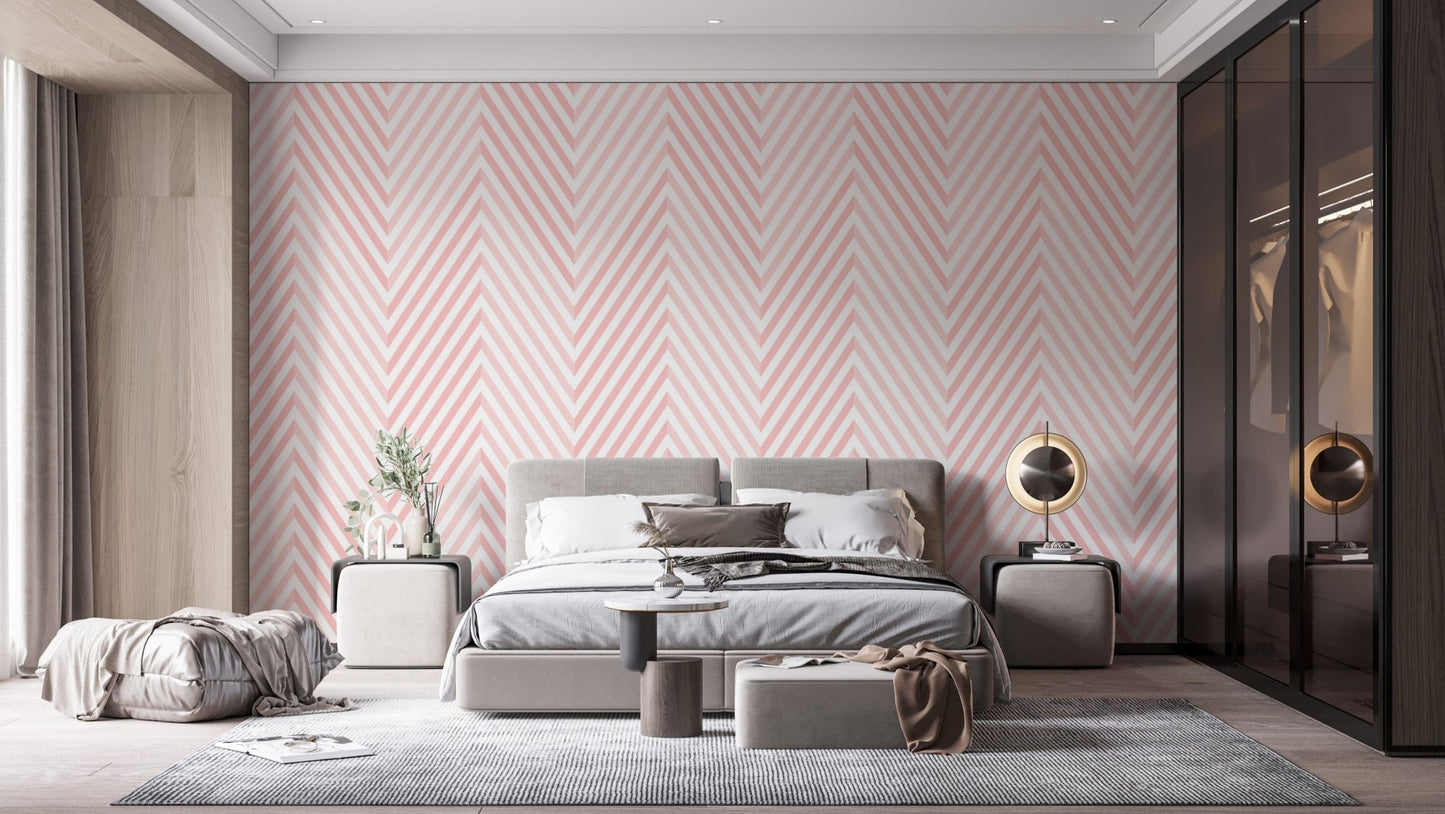 Chevron pink and white geometric wallpaper.