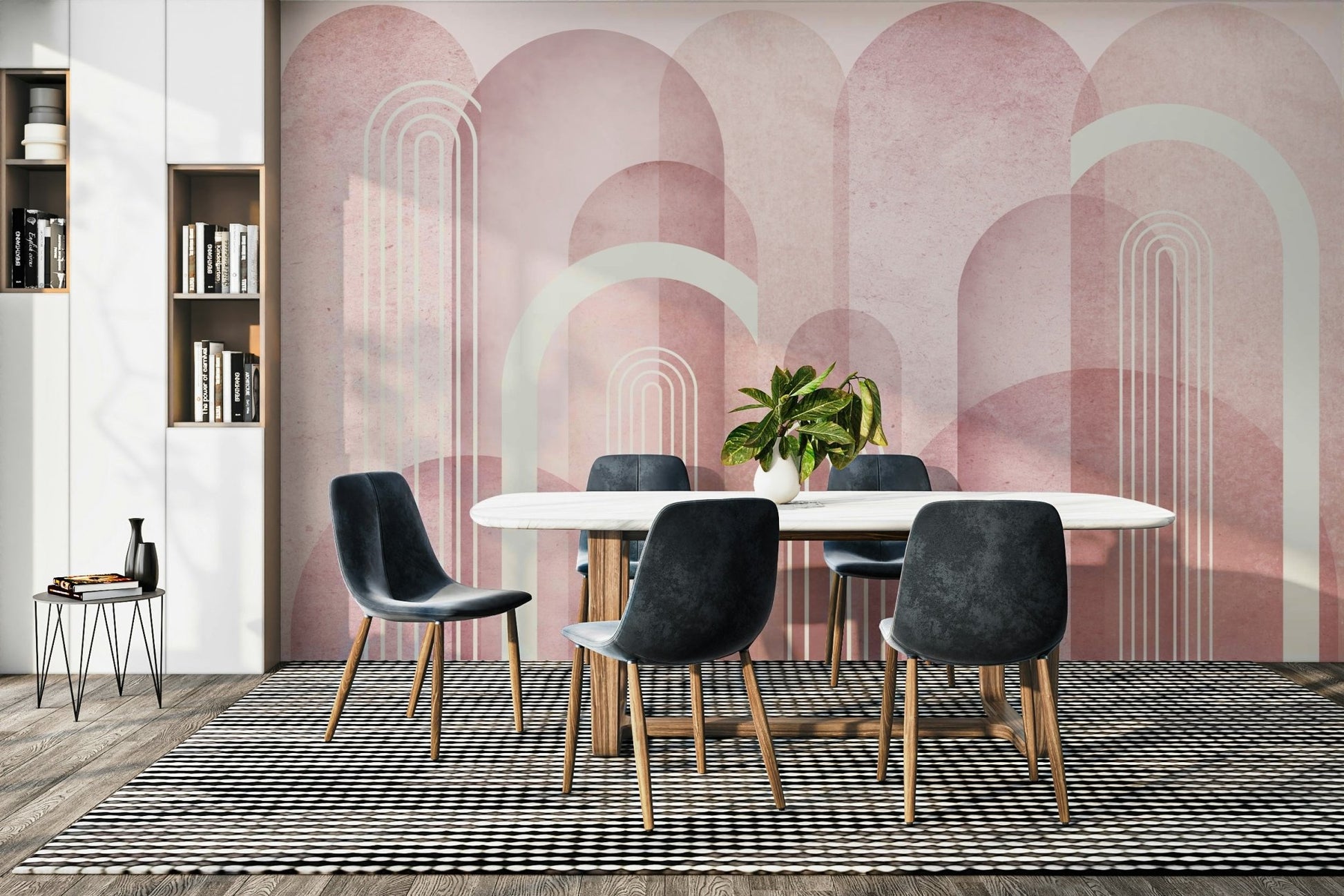 Chic office space styled with blush pink arch mural

