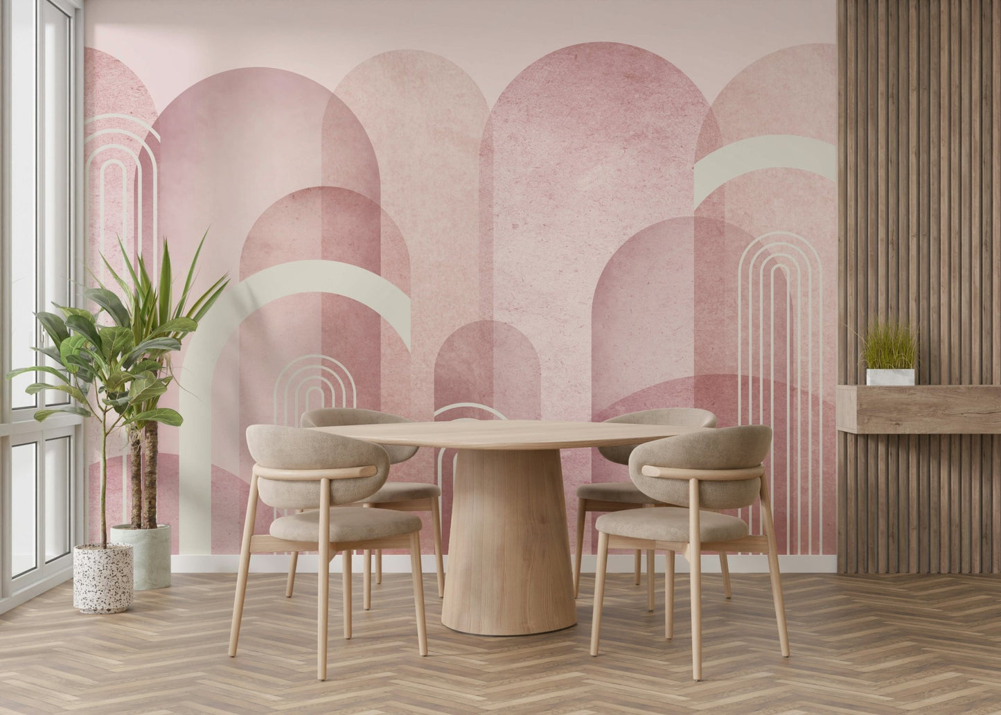 Artistic wall mural in blush pink archway pattern

