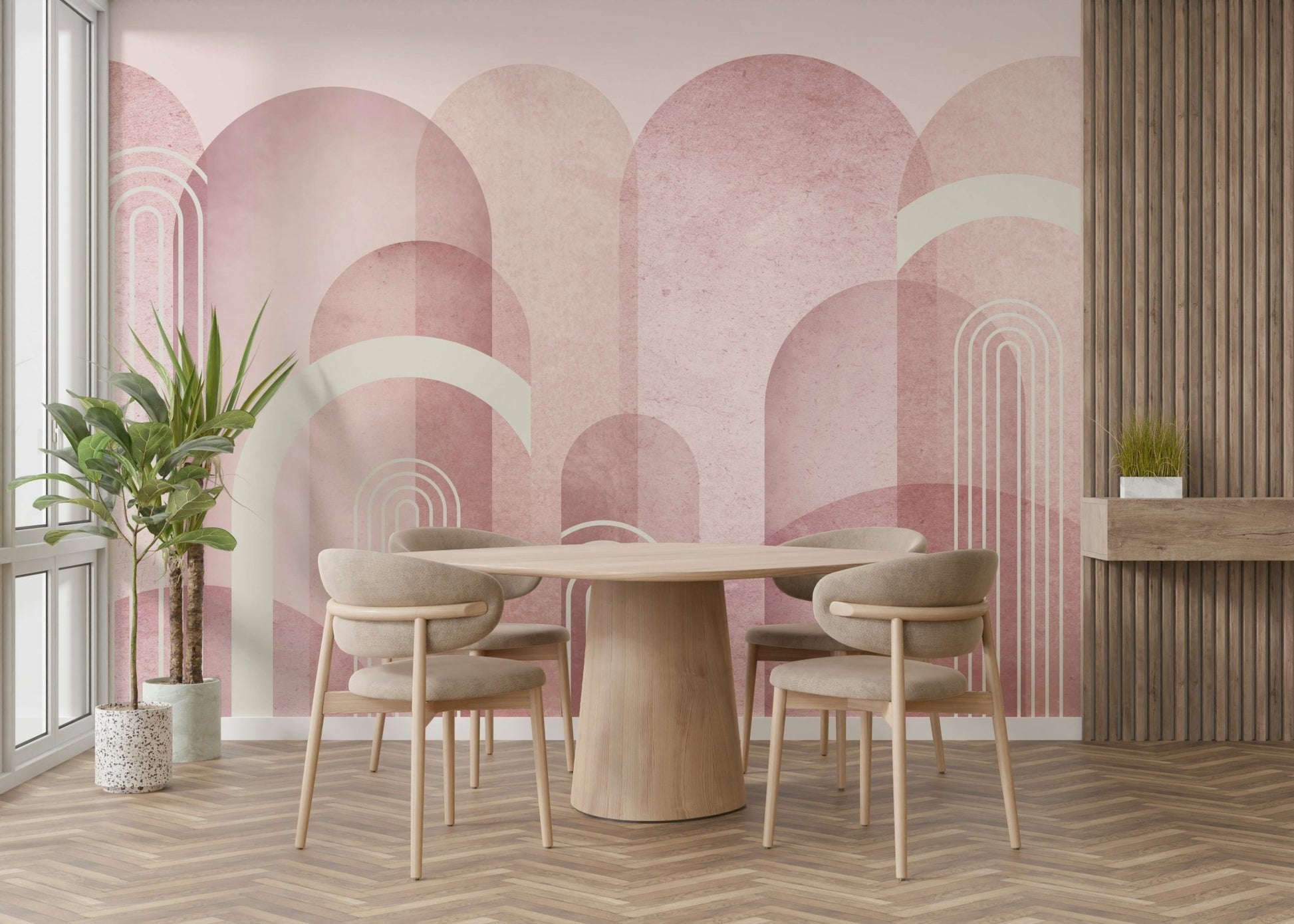 Artistic wall mural in blush pink archway pattern

