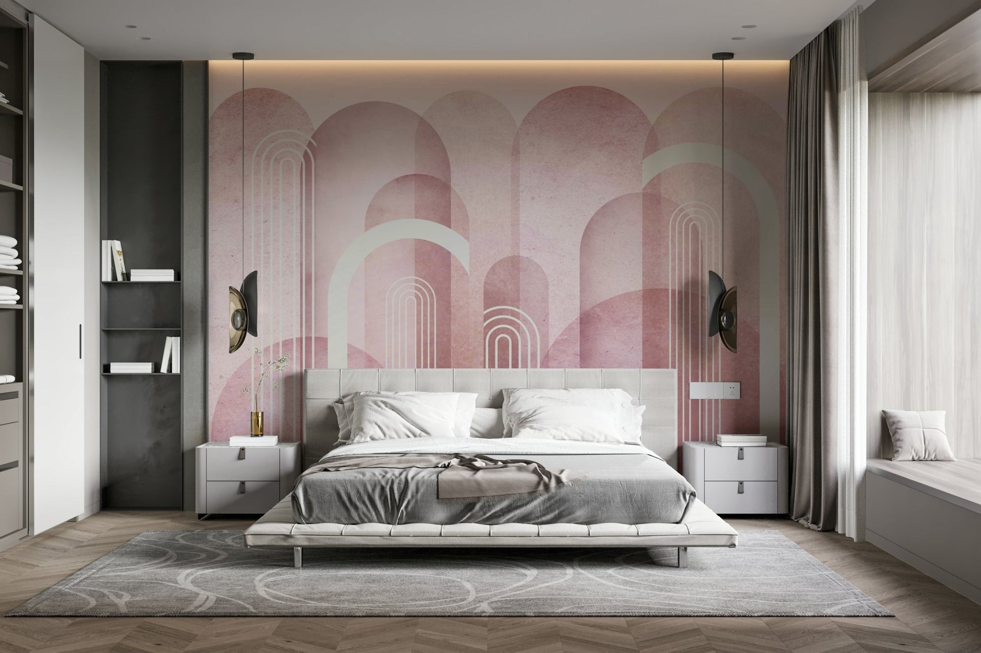 Soft pastel pink arch mural for Scandinavian interiors

