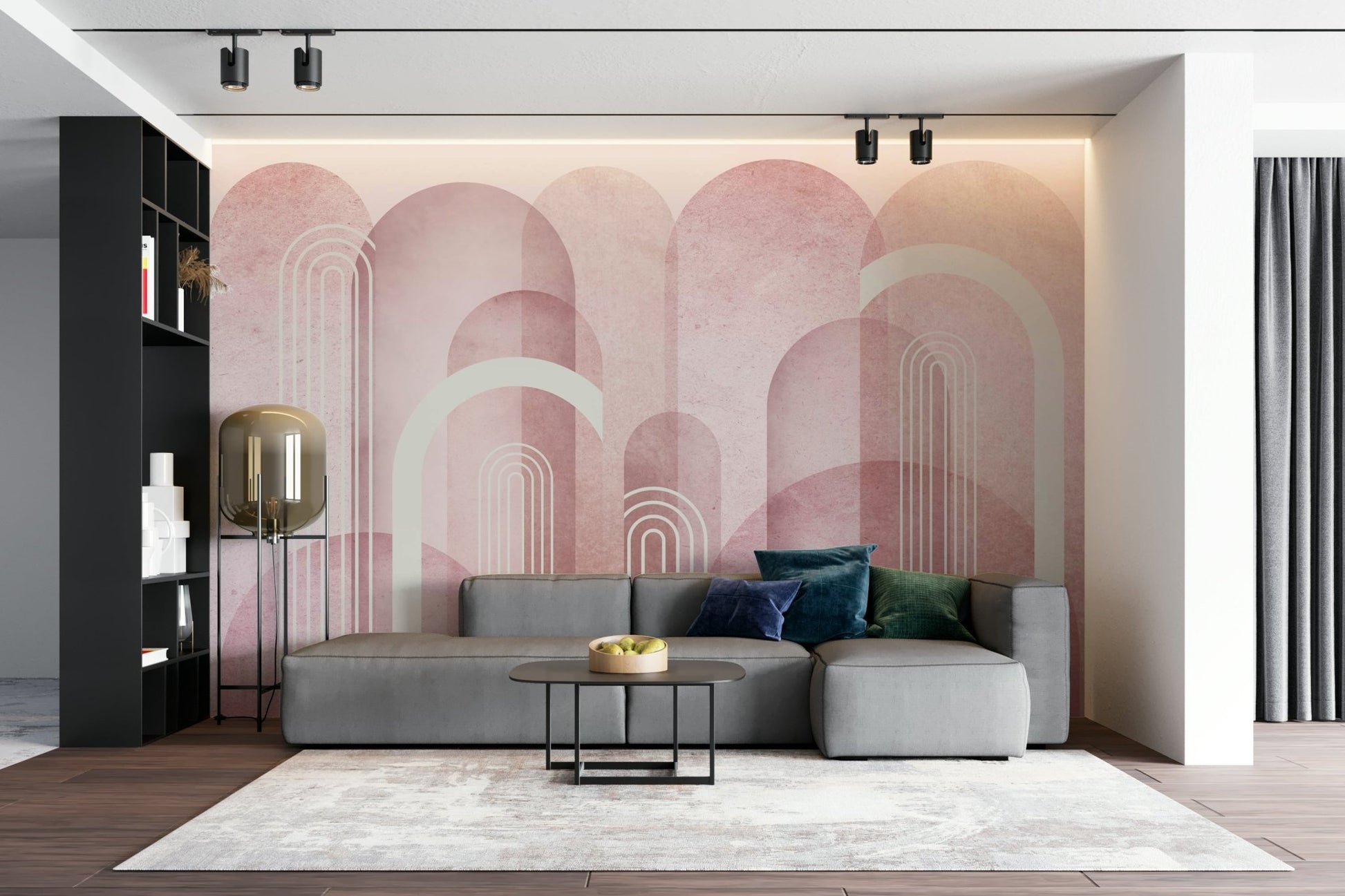 Living room with blush archways wallpaper and warm lighting

