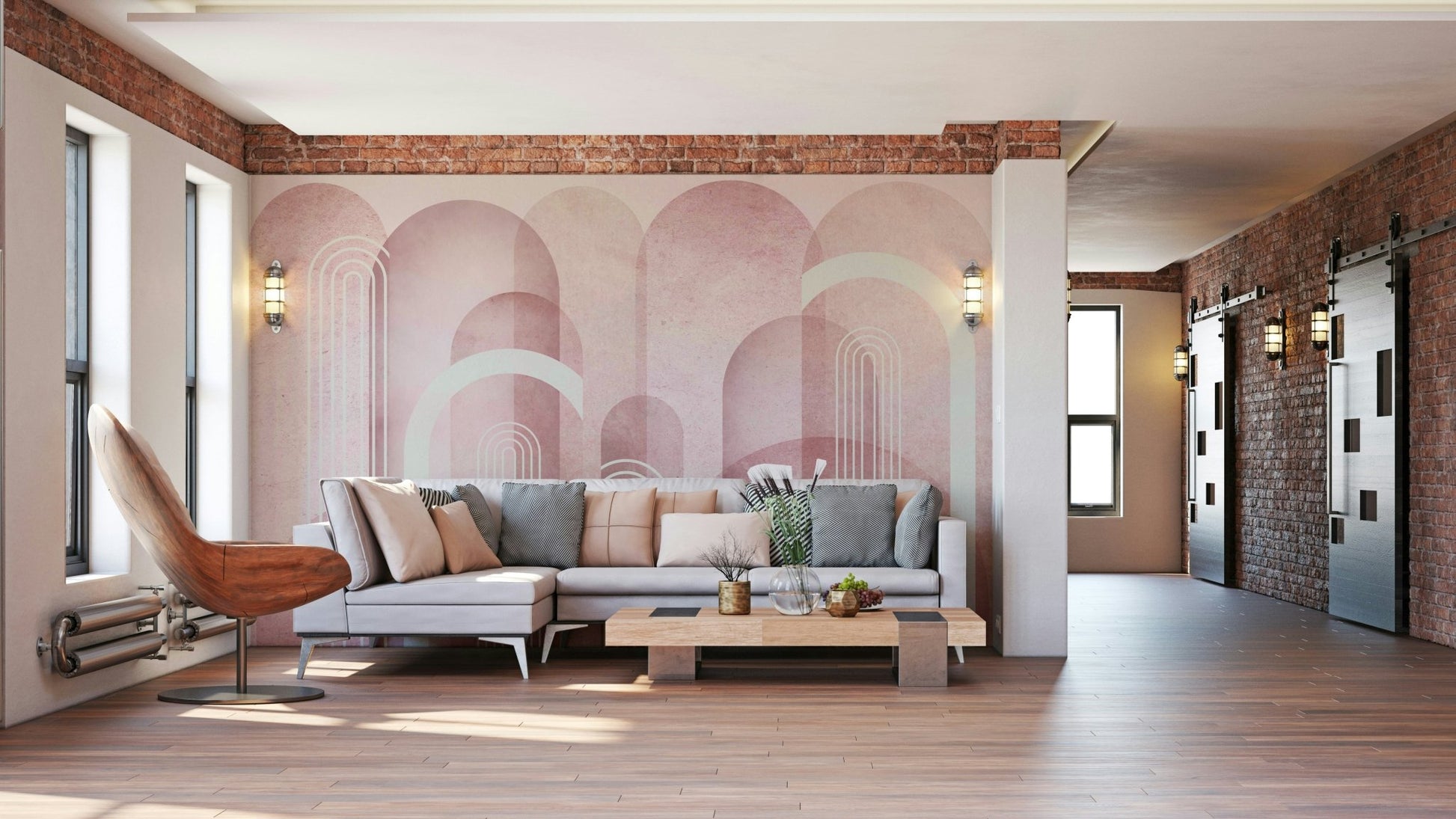 Elegant blush pink mural with curved architectural lines

