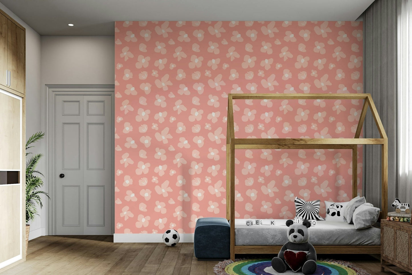 Chic pink bloom mural behind minimal furniture, GD956