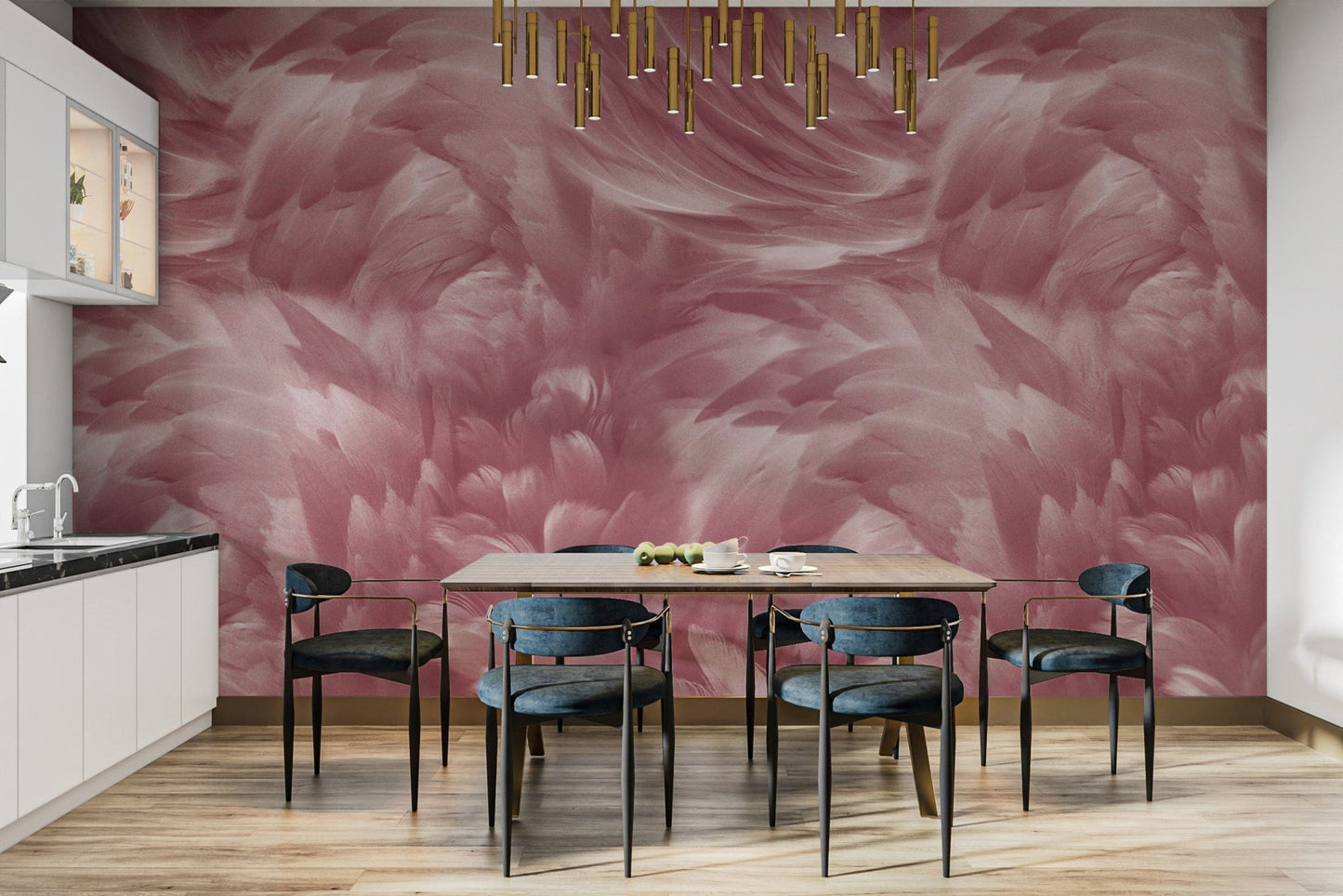 Feather-inspired pink wallpaper décor

