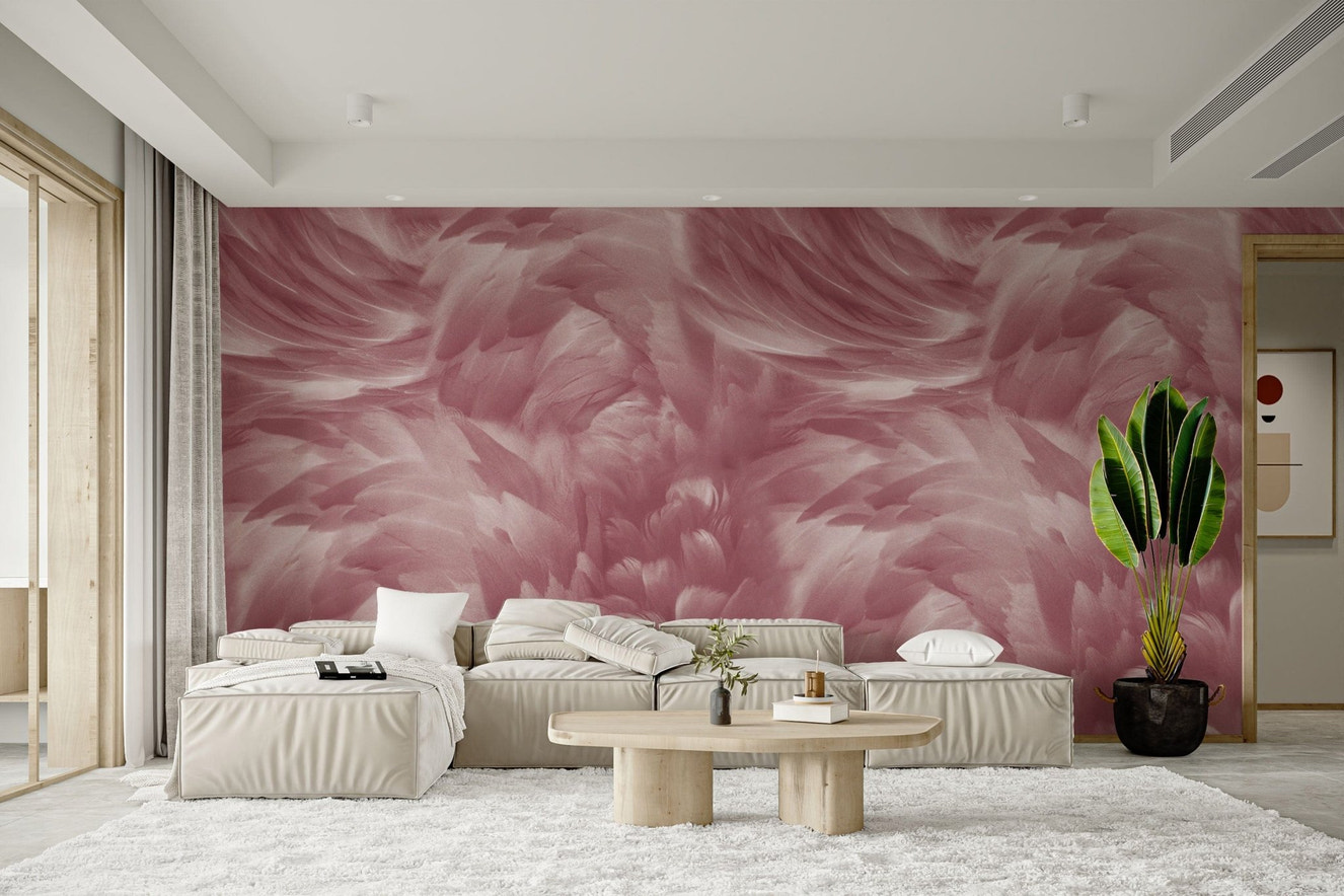 Blush pink feather wallpaper mural
