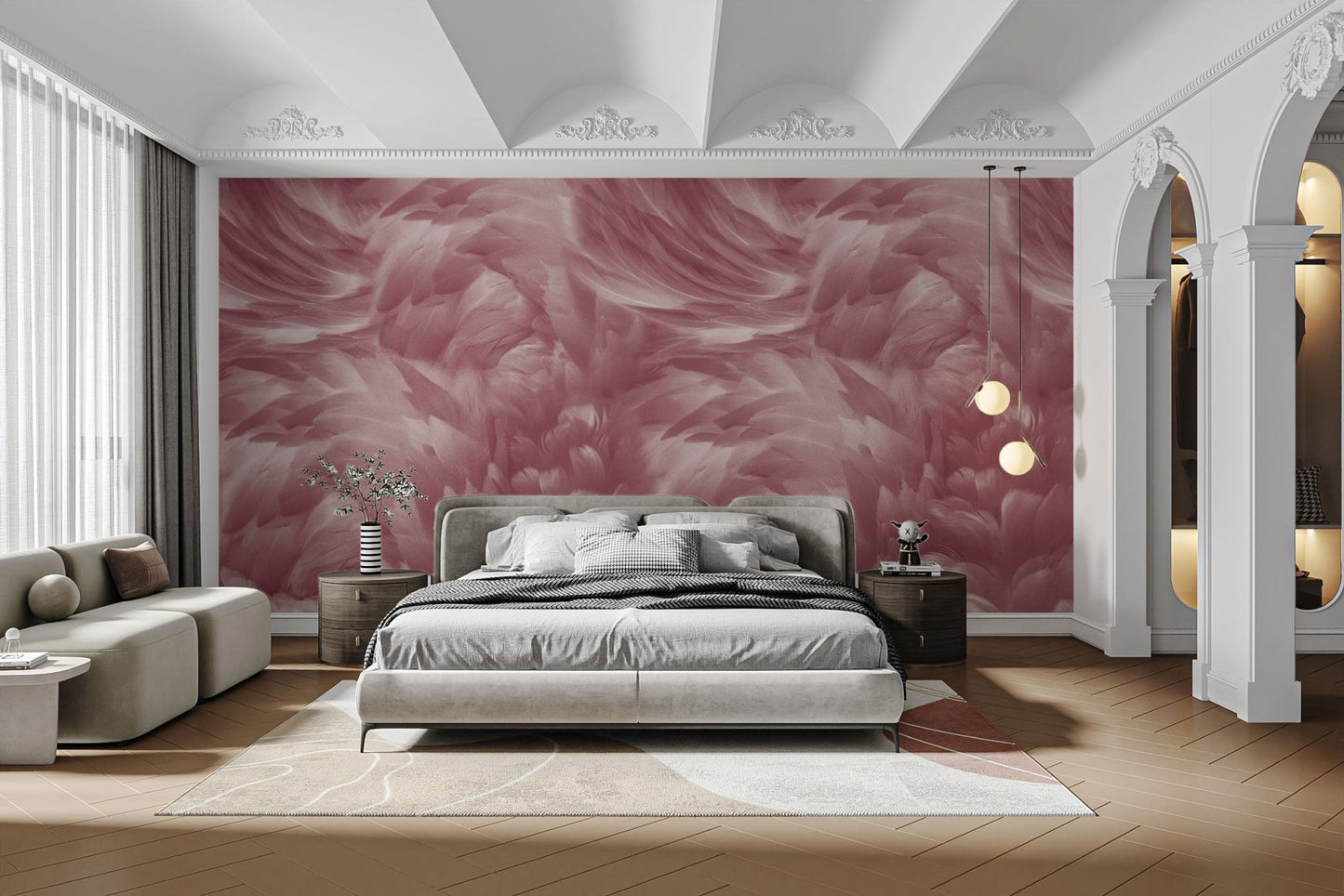 Luxury pink feather mural for walls

