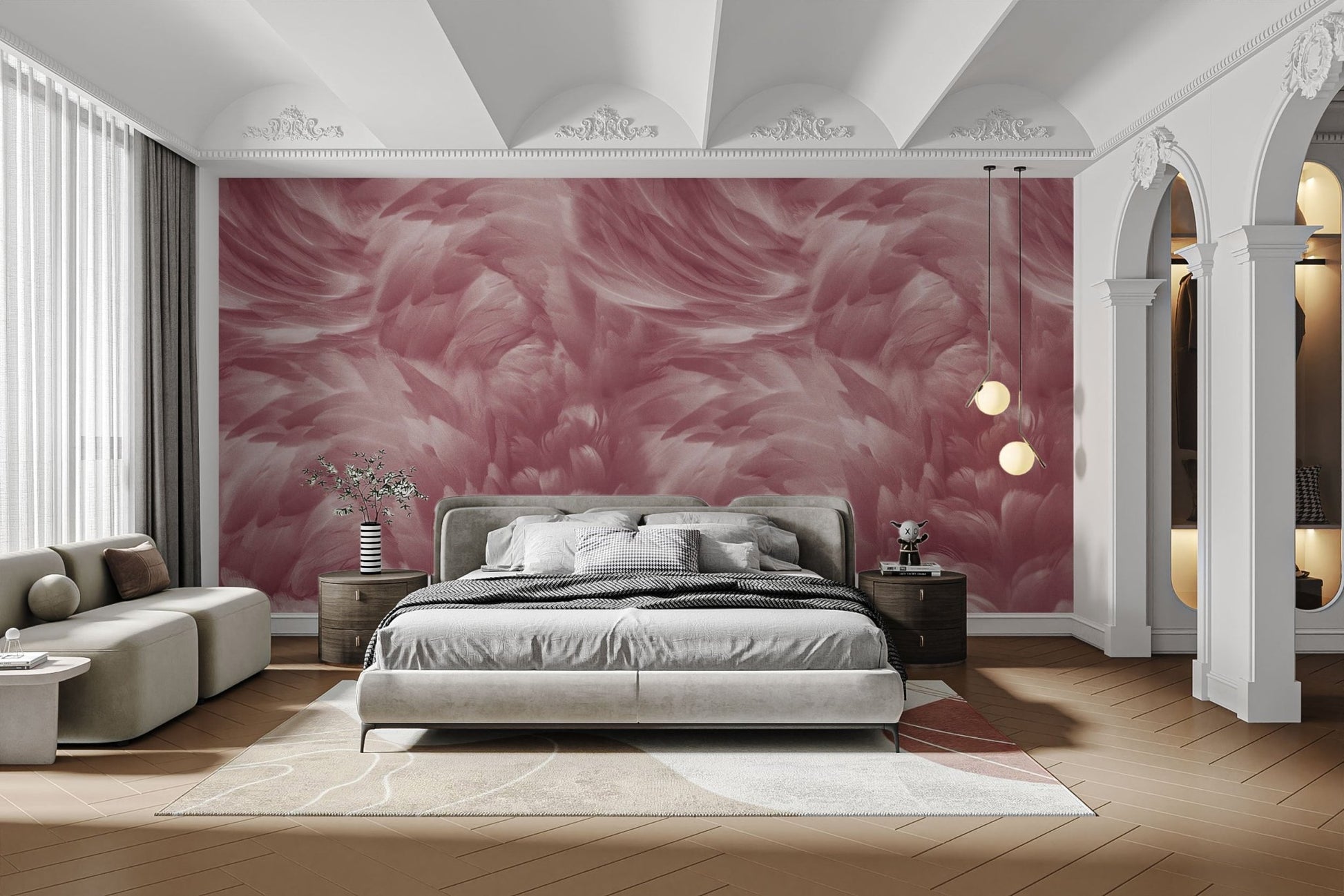Luxury pink feather mural for walls
