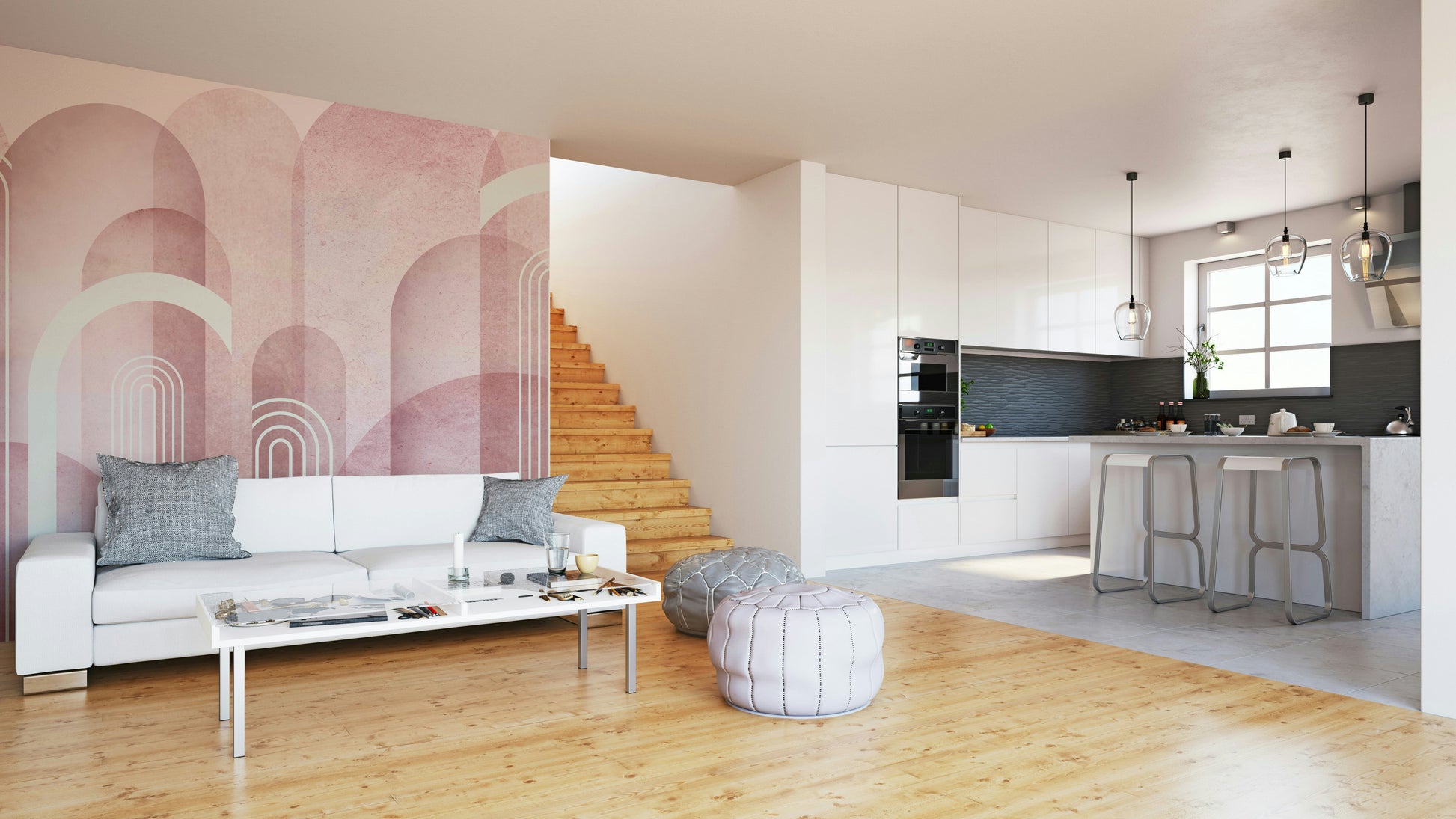 The colors are soft, muted tones of blush pink, beige, and gray.

