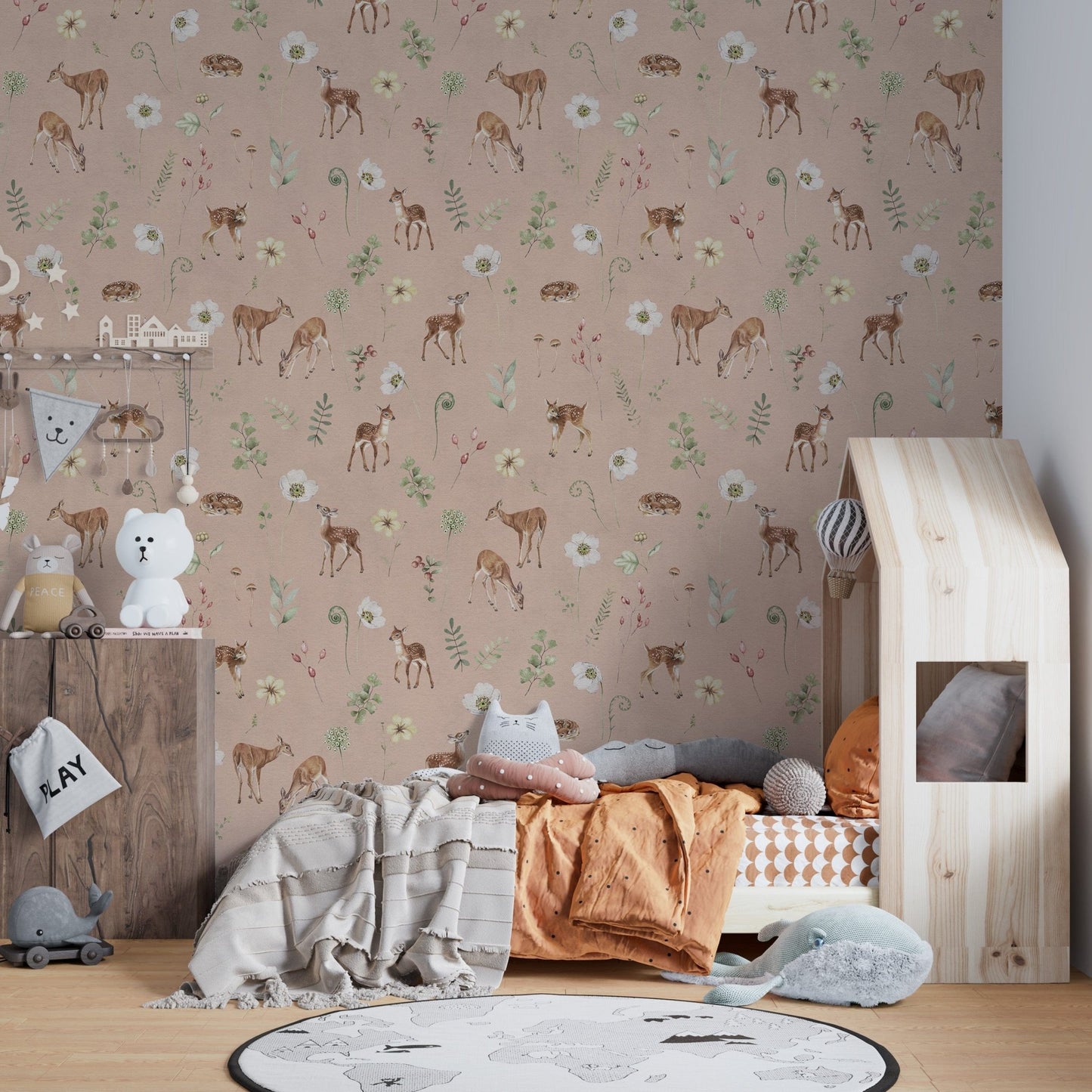 Deer and floral wallpaper in ivory tones
