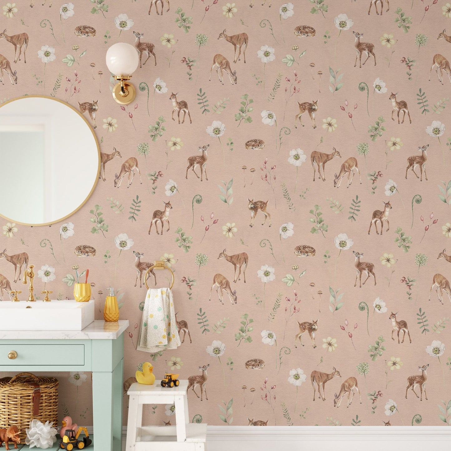 Neutral woodland nursery wallpaper design
