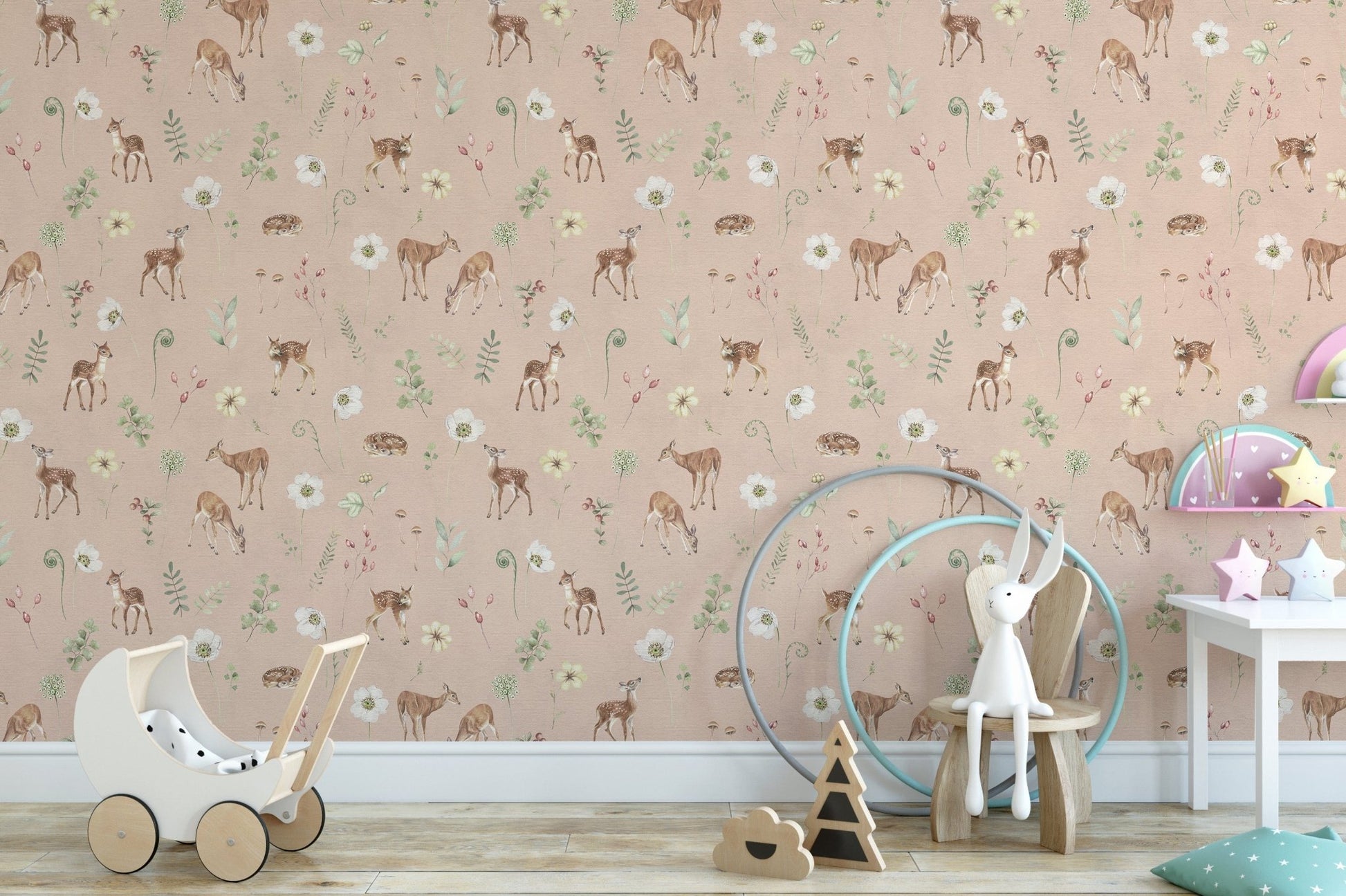 Storybook-style deer wallpaper in ivory
