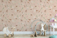 Storybook-style deer wallpaper in ivory
