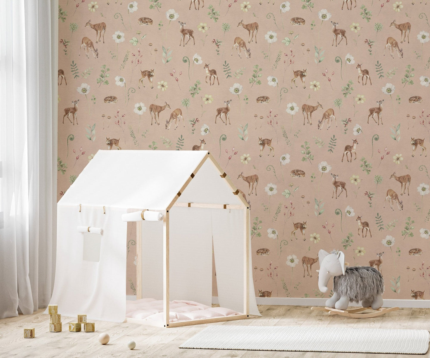 Ivory woodland deer wallpaper for nursery
