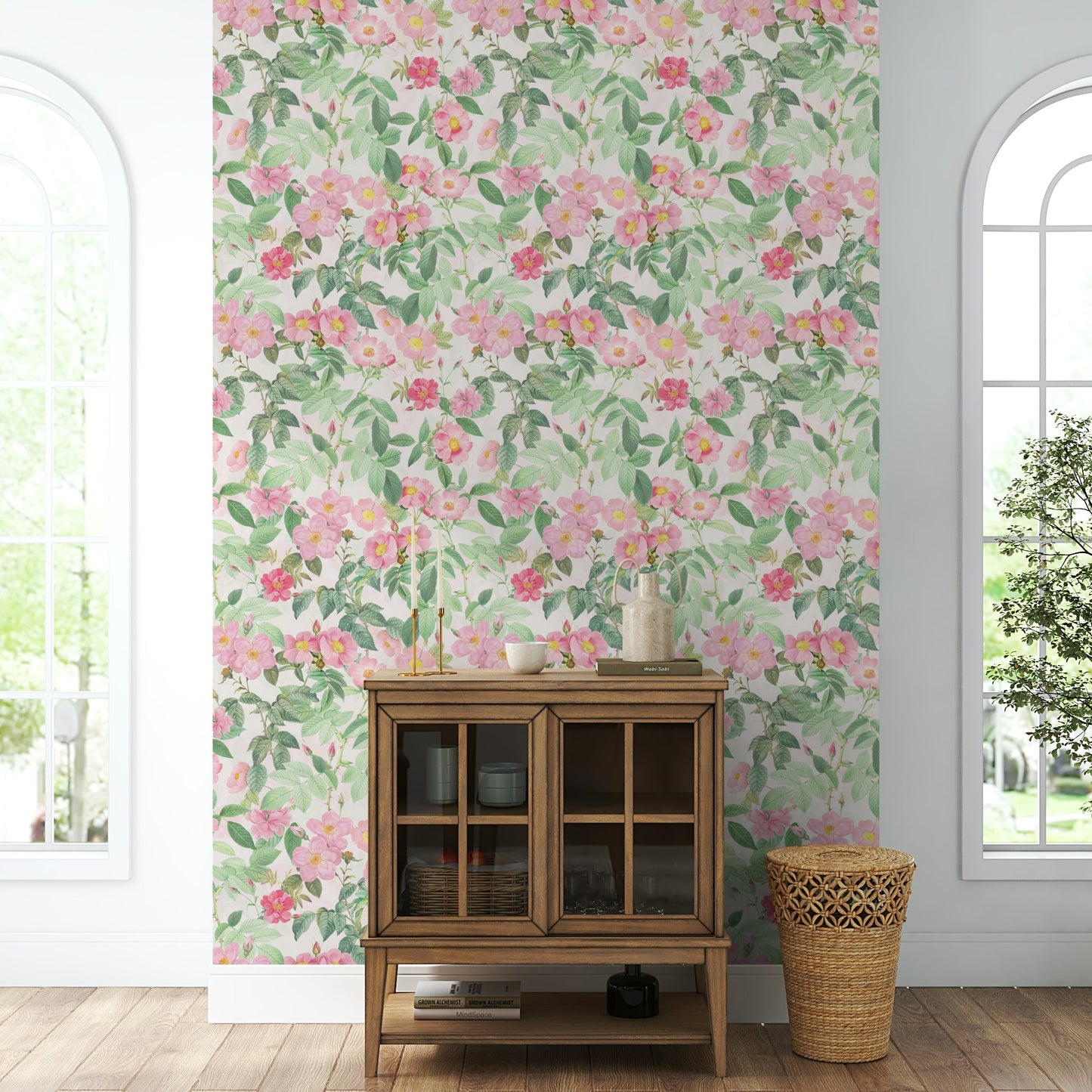 Blush roses wallpaper creating a fresh, feminine vibe


