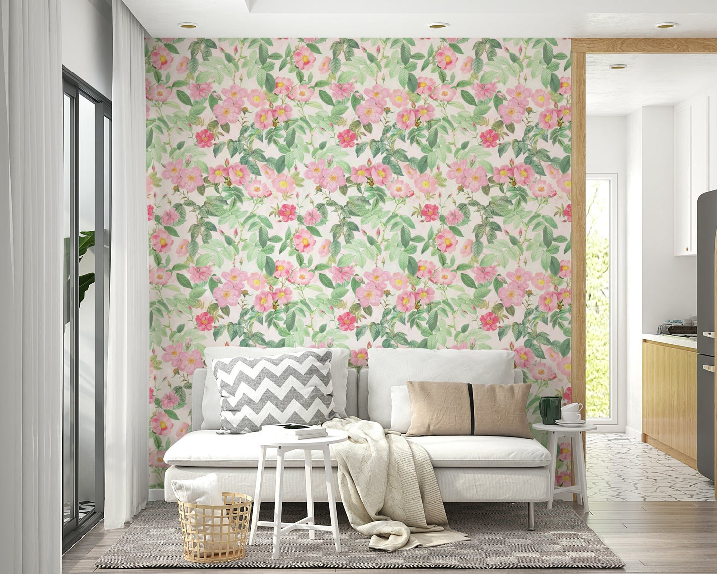 Elegant blush rose garden wallpaper for living room

