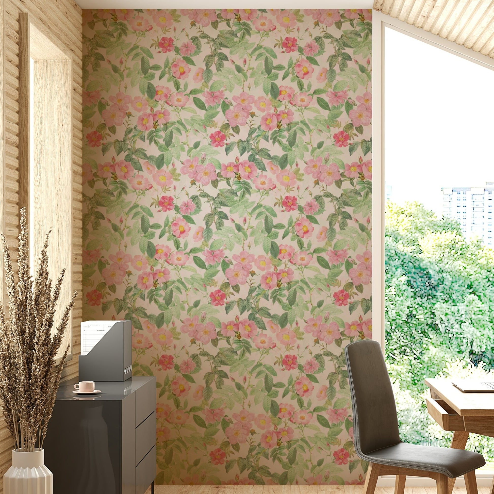 Vintage-inspired blush rose garden wallpaper for walls

